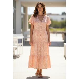 BLU PEPPER MAXI TIERED SUNDRESS BUTTONS BEACHY FAIRY COTTAGE DUSTY PINK FLORAL L